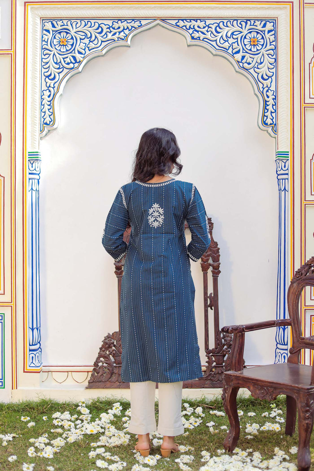 Blue Cotton Straight Cut Kurta Set.