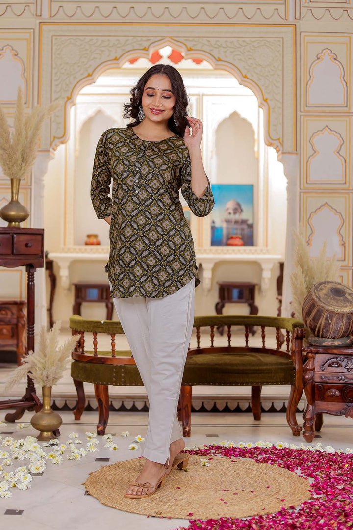 Bottle Green Rayon Short Kurti Top.