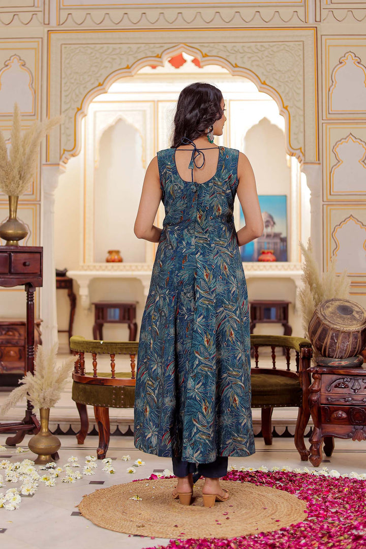 Blue Silk Floral Print Kali Suit.