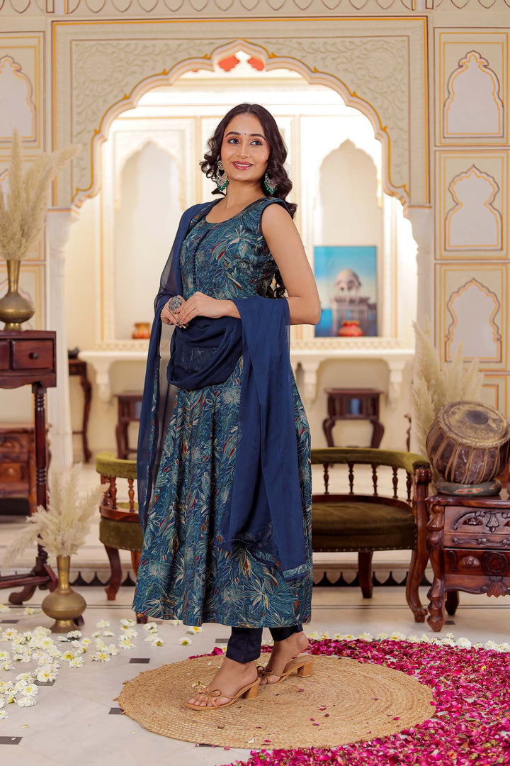 Blue Silk Floral Print Kali Suit.