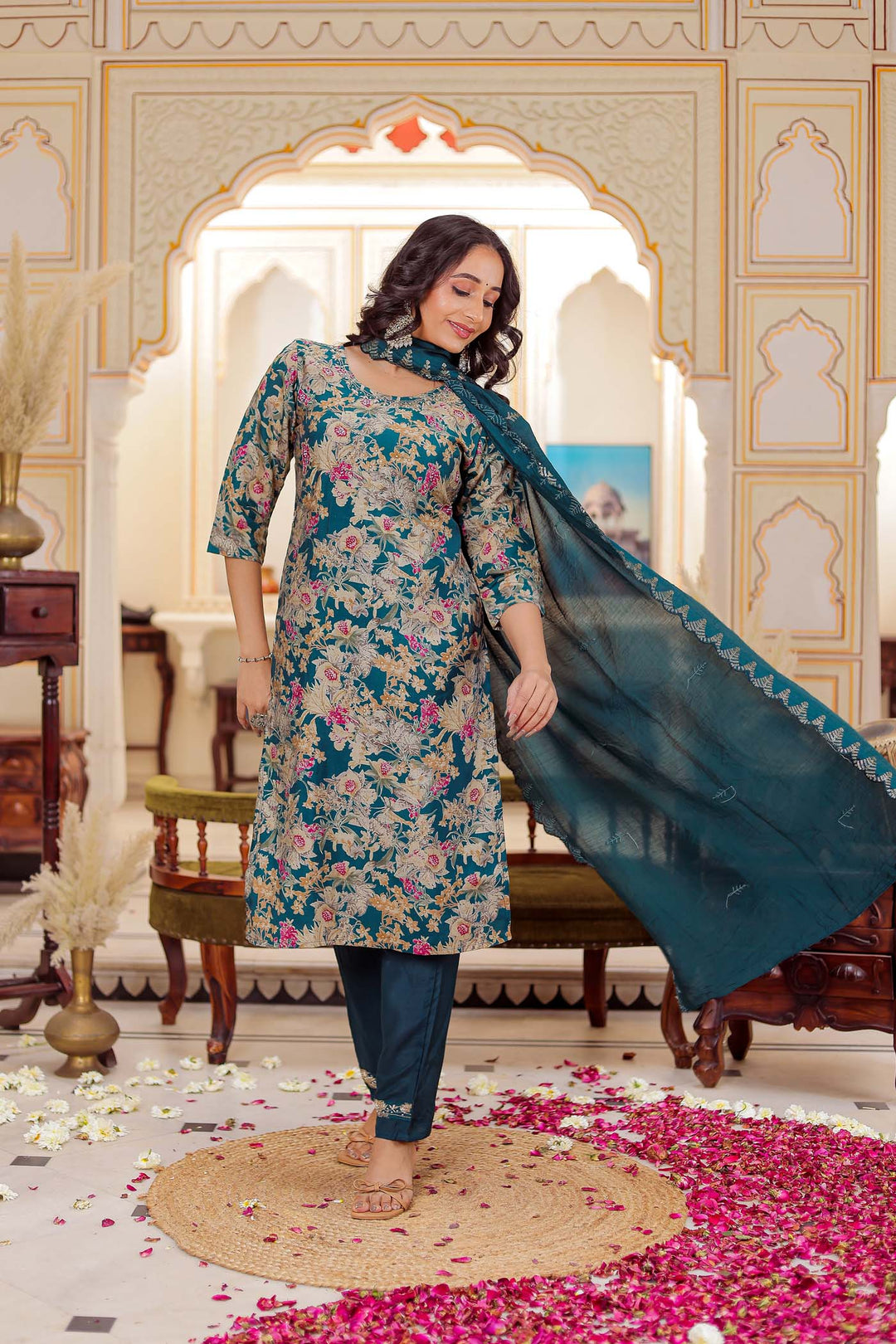 Teal Floral Print Model Straight Cut Kurta Set