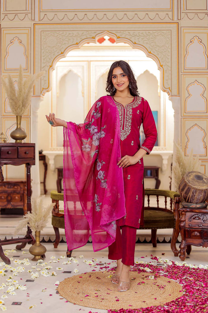 Pink Straight Cut Raw Silk Kurta Set.