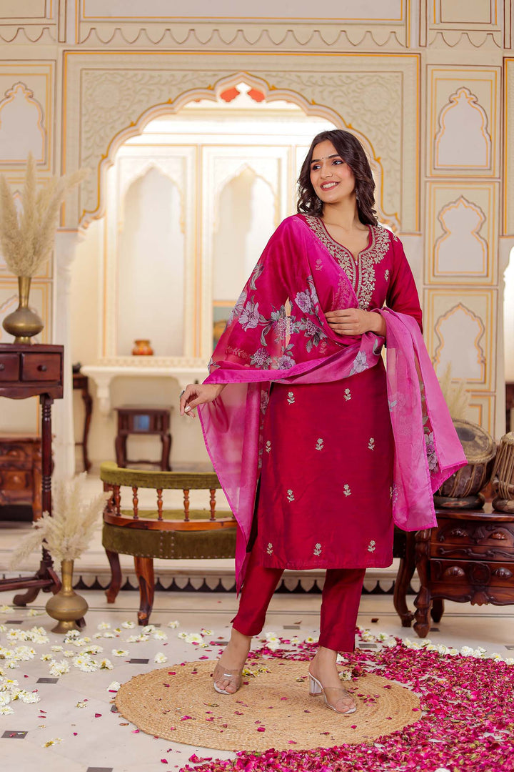 Pink Straight Cut Raw Silk Kurta Set.