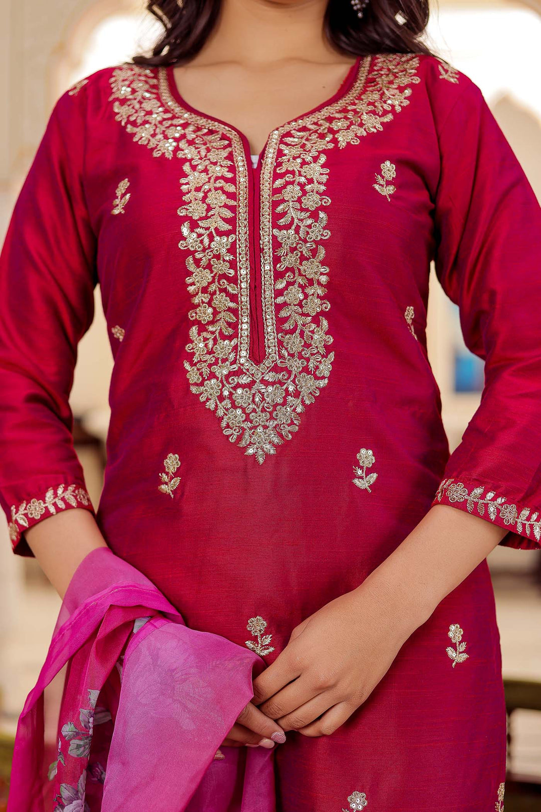 Pink Straight Cut Raw Silk Kurta Set.