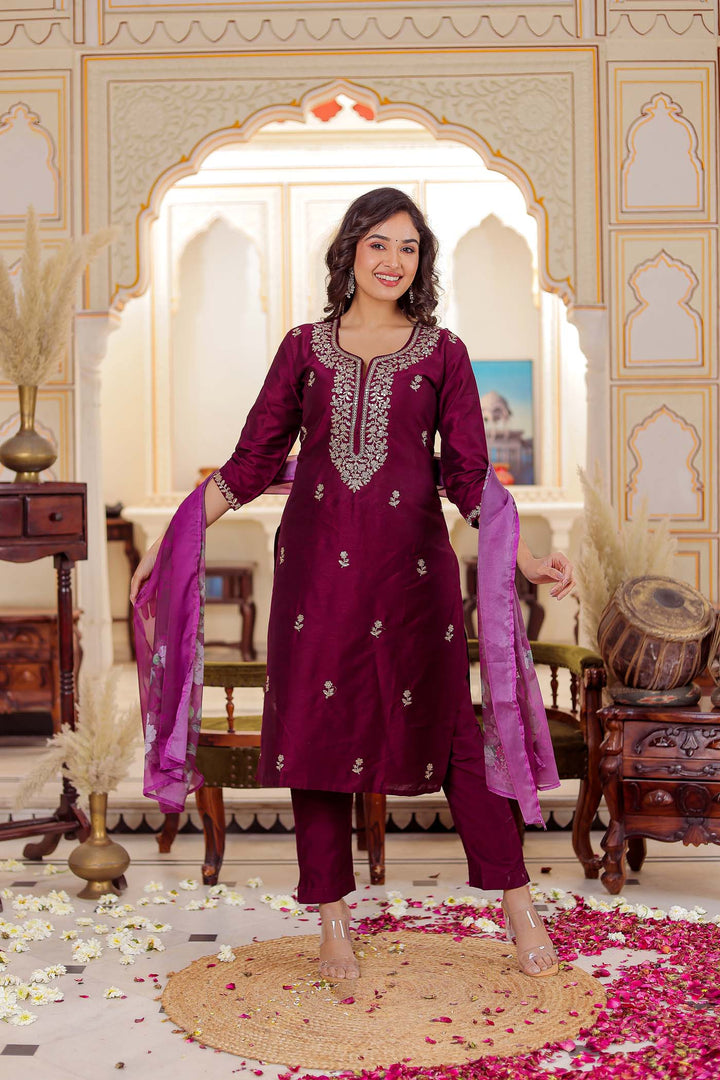 Magenta Straight Cut Raw Silk Kurta Set.