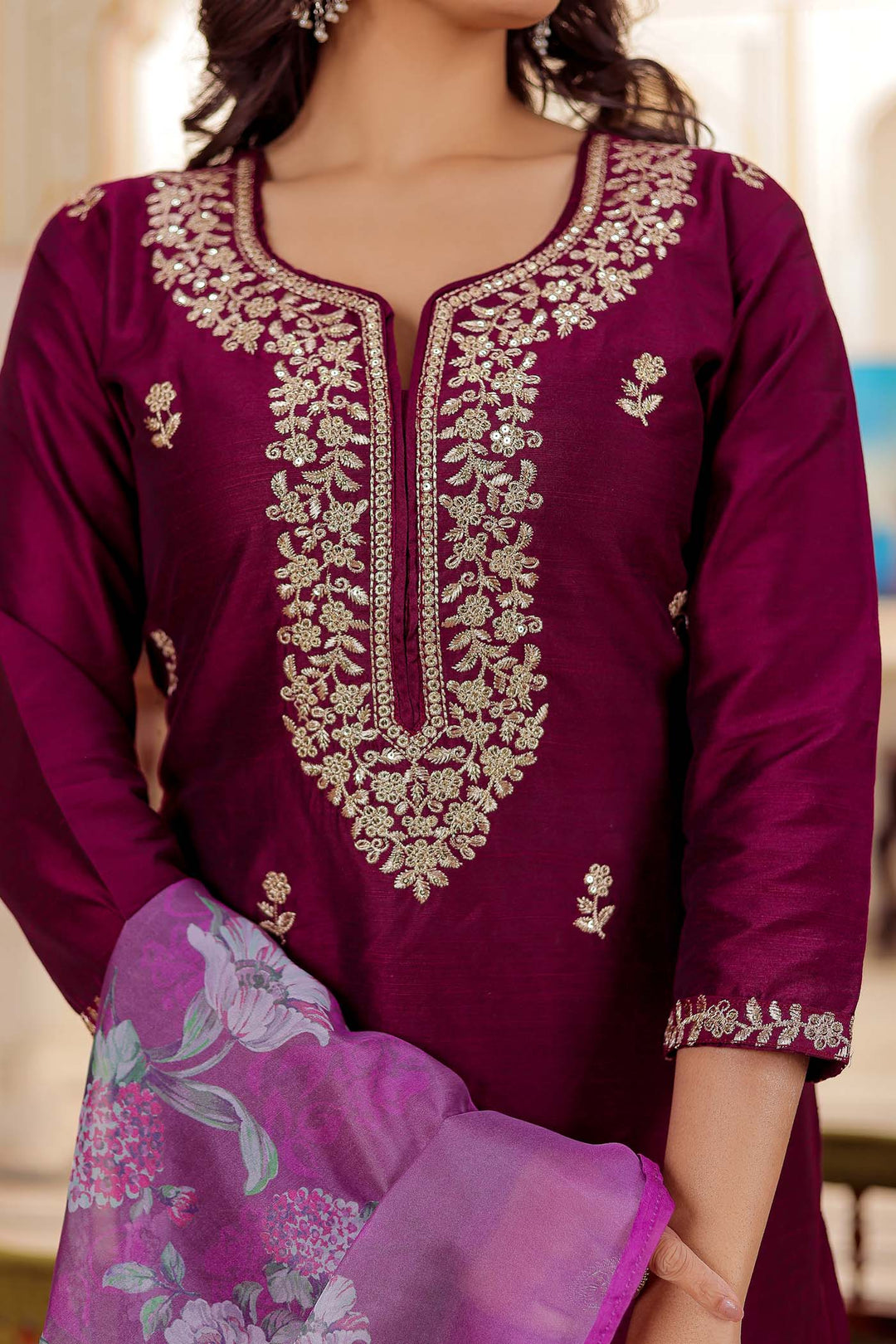 Magenta Straight Cut Raw Silk Kurta Set.