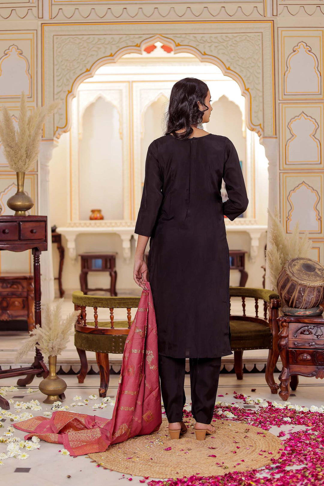 Black Soft Silk Straight Cut Kurta Set