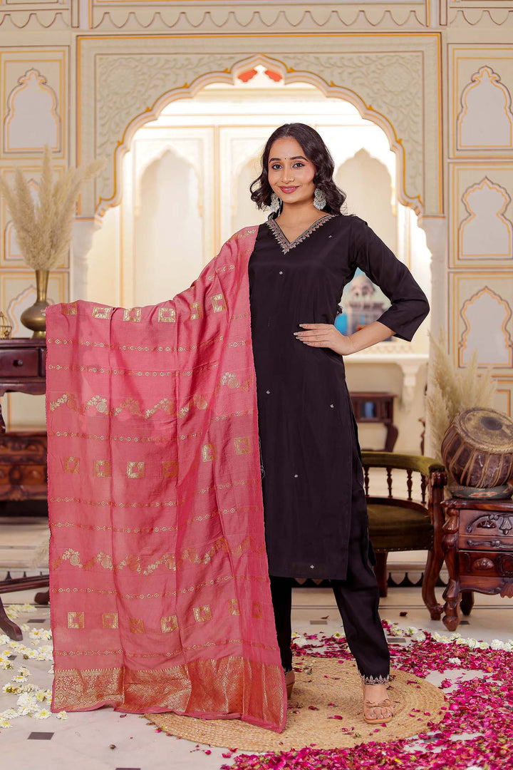 Black Soft Silk Straight Cut Kurta Set