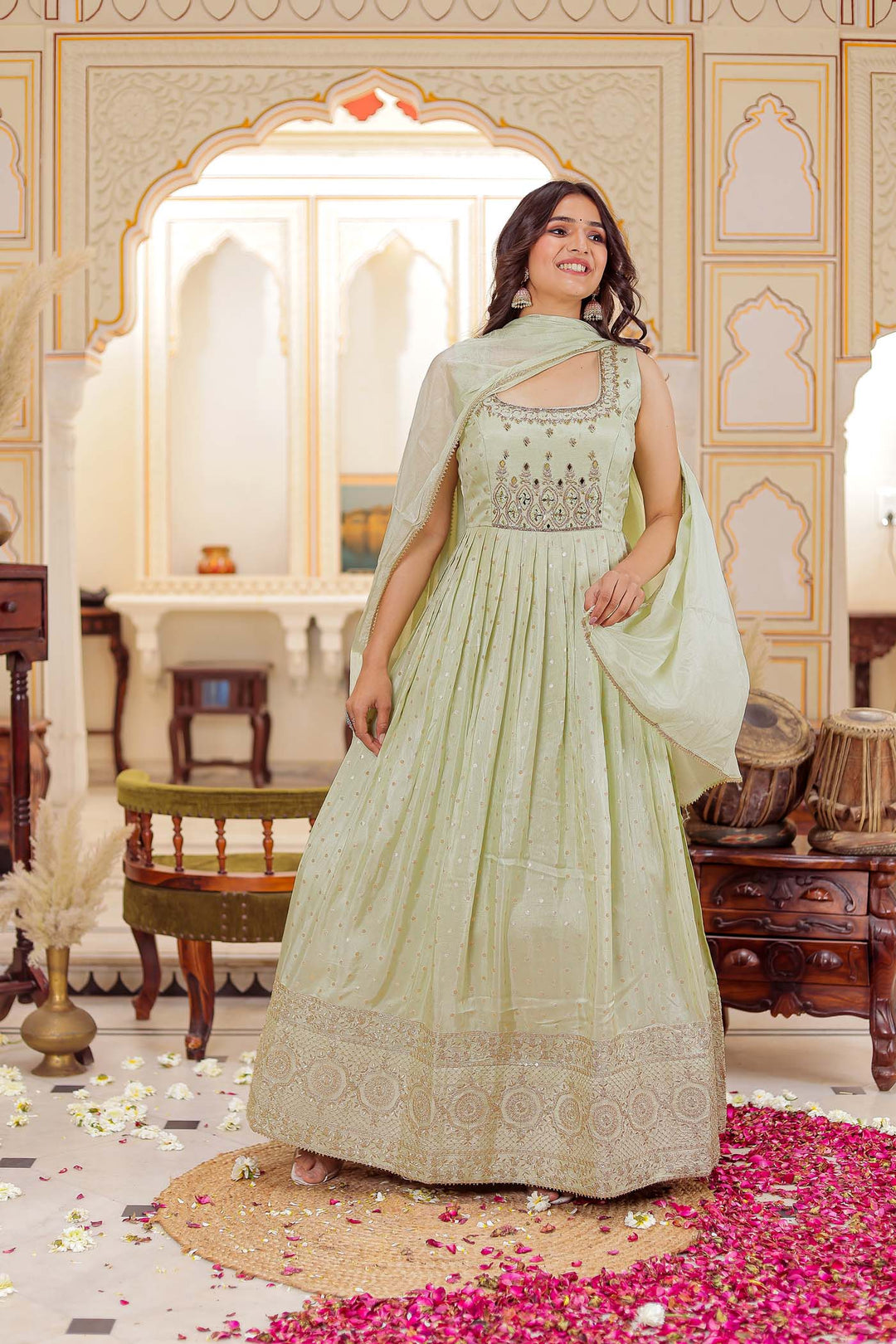 Mint Green Banarsi Silk Anarkali Suit