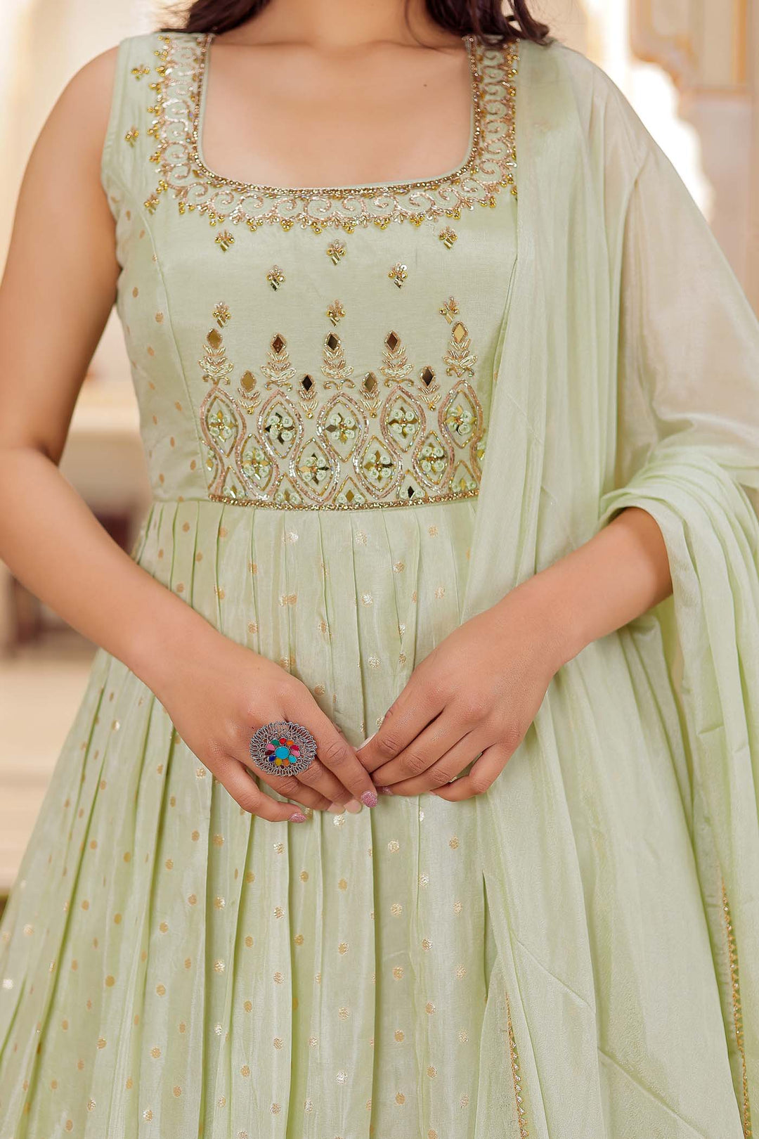 Mint Green Banarsi Silk Anarkali Suit