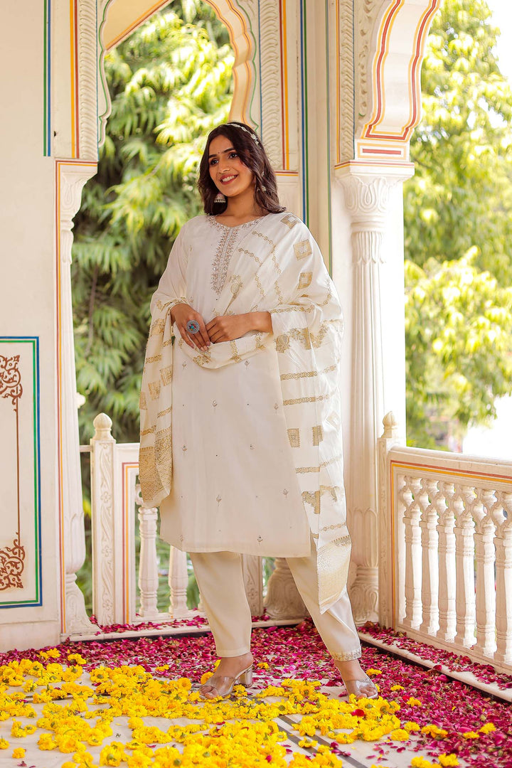 Off White Soft Silk Straight Cut Kurta Set