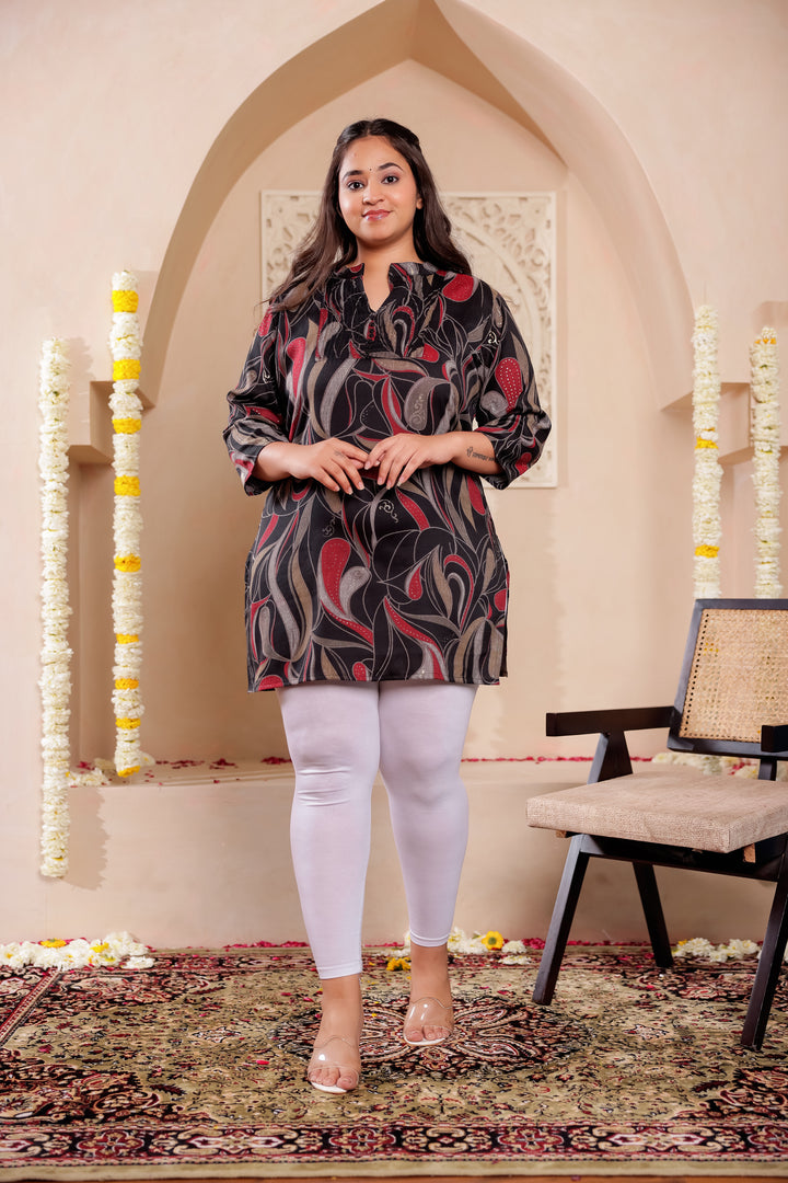 Navy Blue Rayon Printed Short Kurti Top.