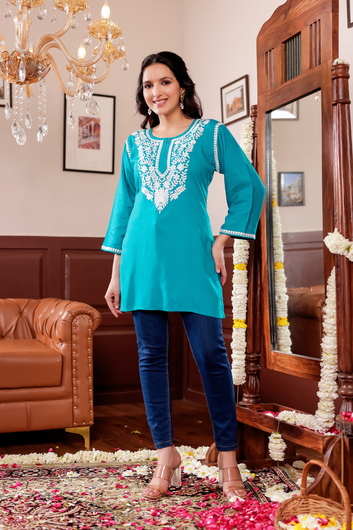 Firozi Rayon Short Kurti Top With Chikankari Work.