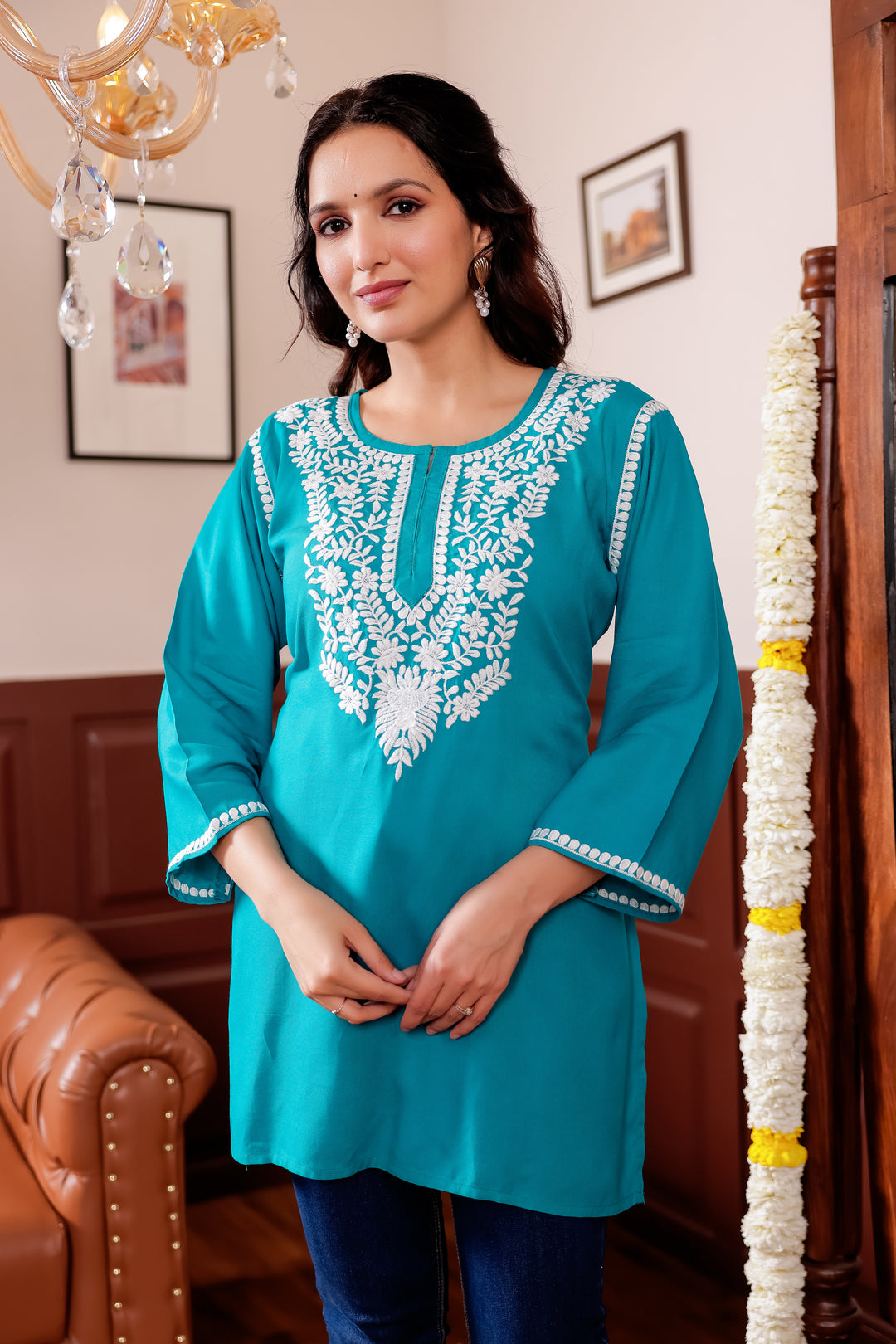Firozi Rayon Short Kurti Top With Chikankari Work.
