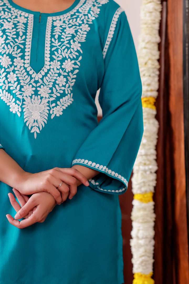 Firozi Rayon Short Kurti Top With Chikankari Work.