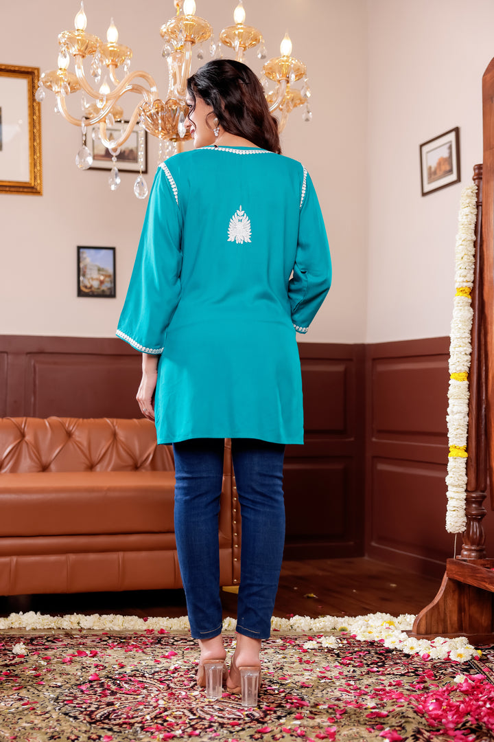 Firozi Rayon Short Kurti Top With Chikankari Work.