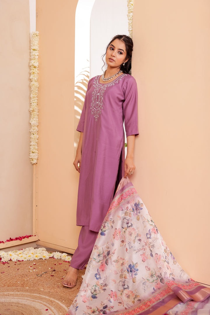 Lilac Soft Silk Straight Cut Kurta Set