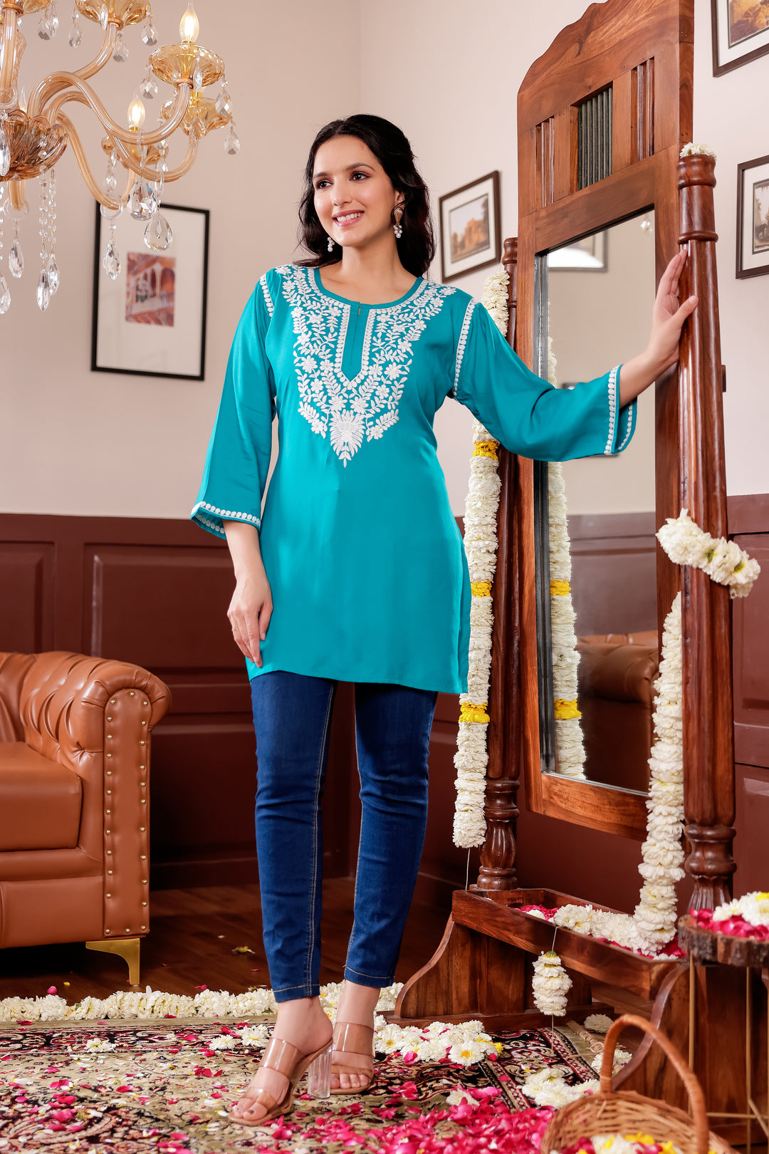Firozi Rayon Short Kurti Top With Chikankari Work.