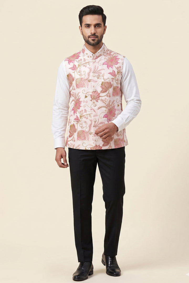 Baby Pink Floral Print Embroidered Waistcoat.