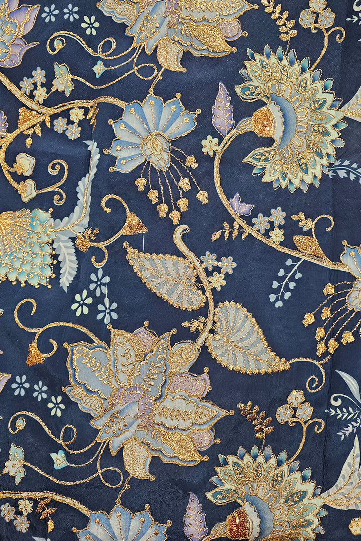 Blue Floral Print Embroidered Waistcoat.