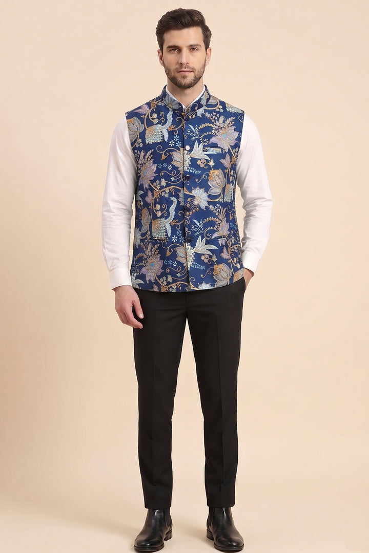 Blue Floral Print Embroidered Waistcoat.