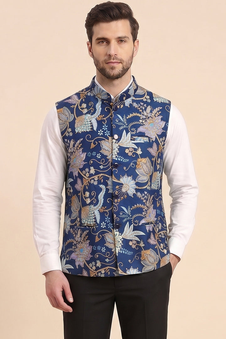 Blue Floral Print Embroidered Waistcoat.