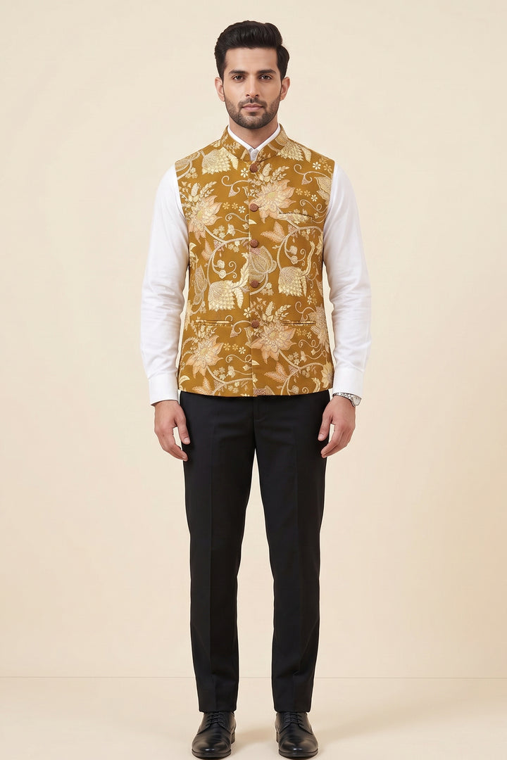 Mehndi Floral Print Embroidered Waistcoat.