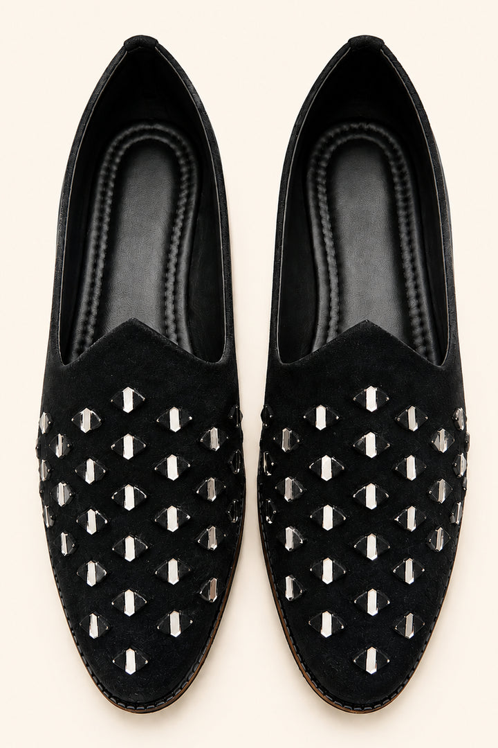 Black Mens Mirror Work Velvet Shoes.