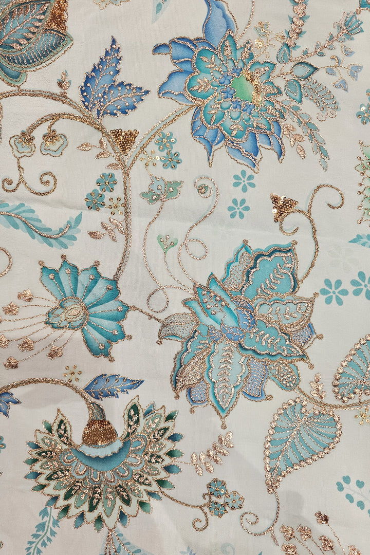 Light Blue Floral Print Embroidered Waistcoat.