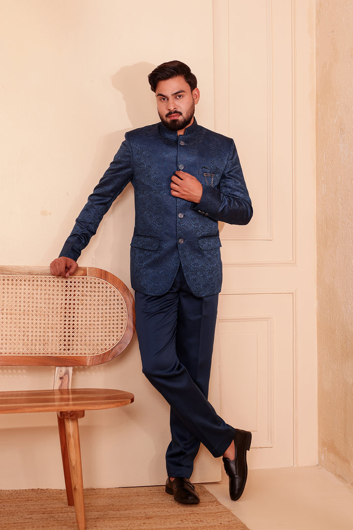 Midnight Blue Paisley Patterned Jodhpuri Suit.