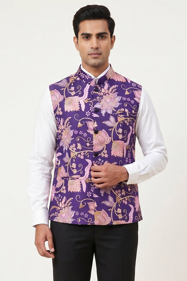 Purple Floral Print Embroidered Waistcoat.