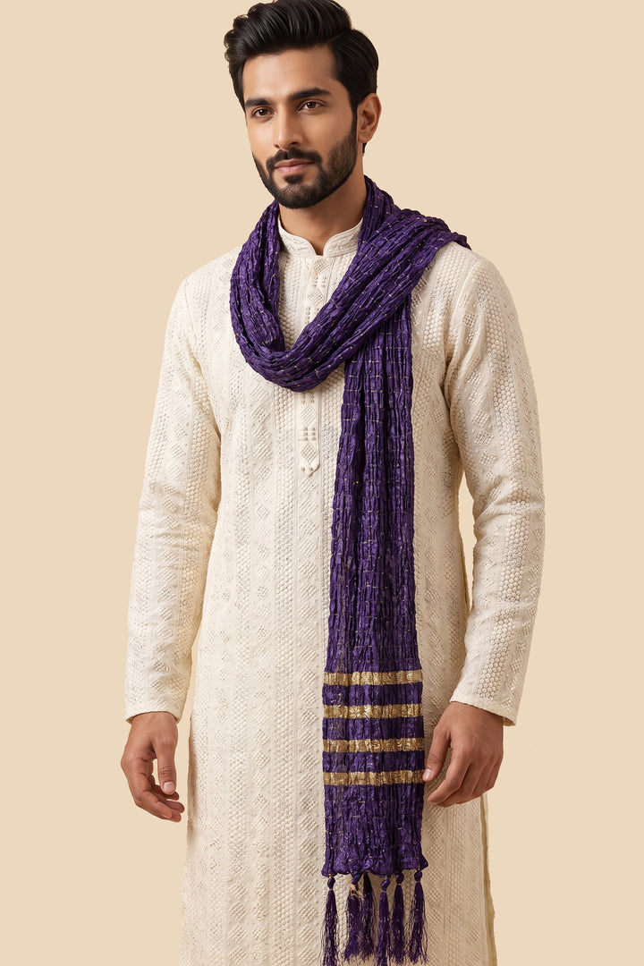 Mens Purple Crushed Scarf Enhanced with Zari Weave