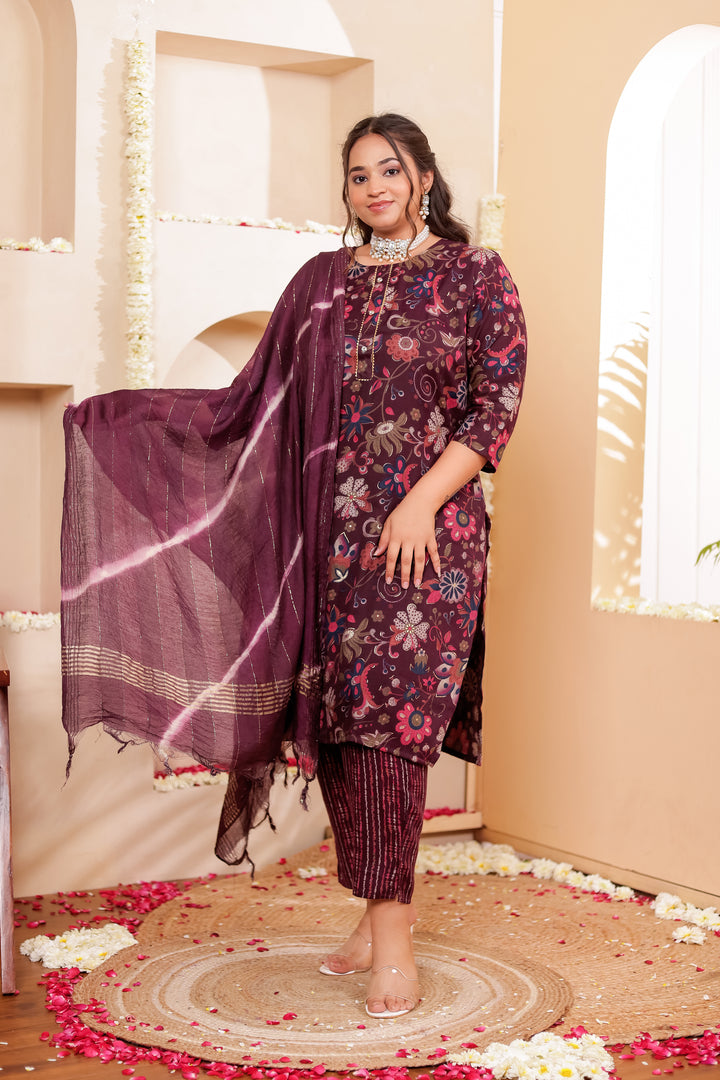 Purple Floral Print Straight Cut Rayon Kurta Set.