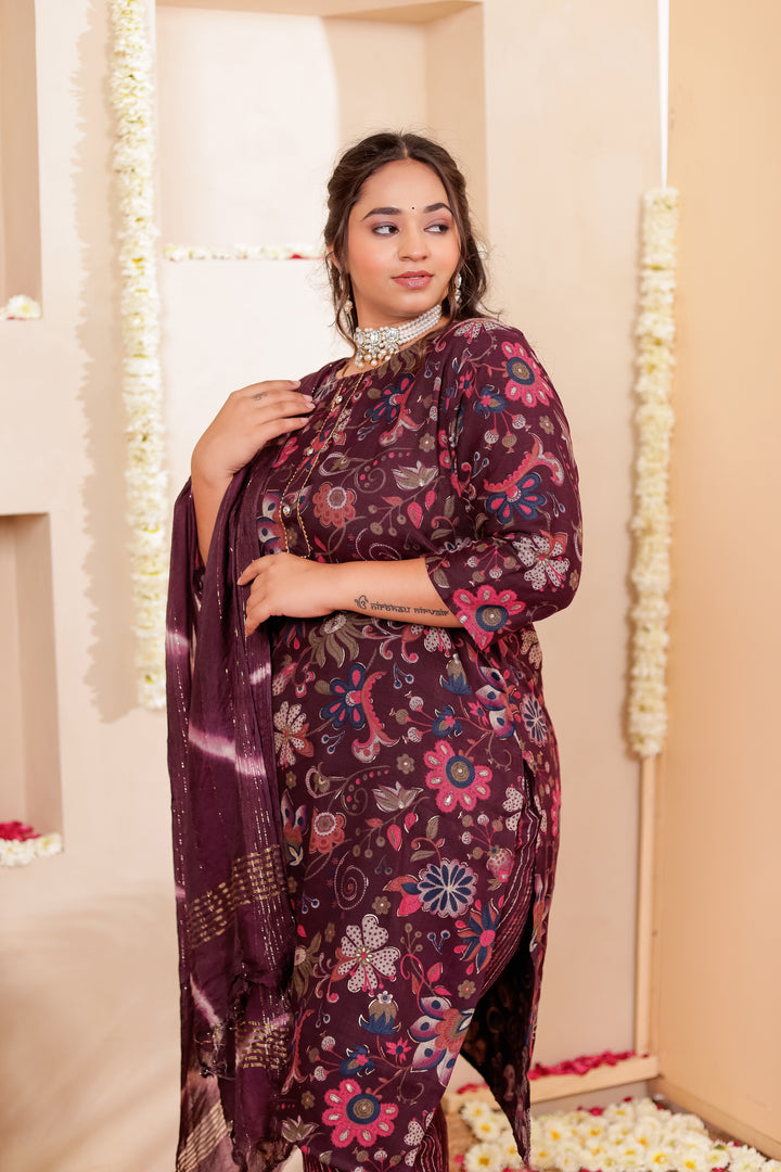Purple Floral Print Straight Cut Rayon Kurta Set.