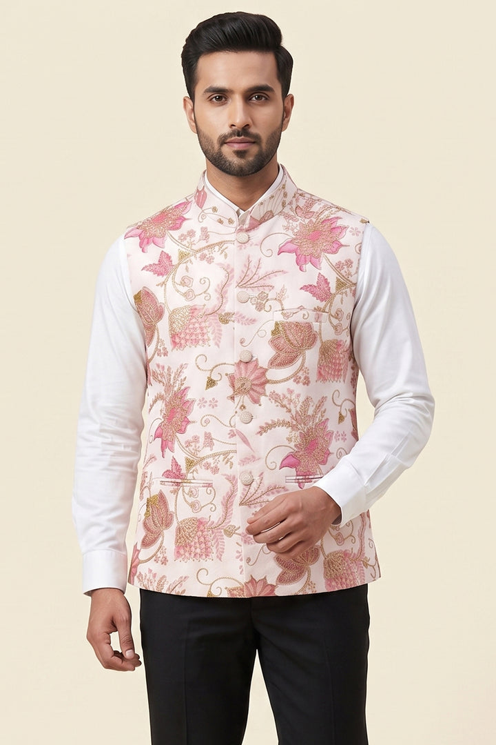 Baby Pink Floral Print Embroidered Waistcoat.