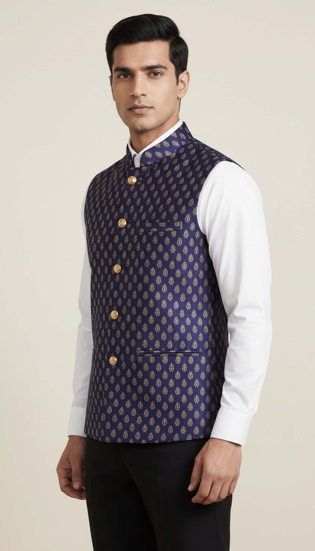 Navy Blue Brocade Silk Waistcoat.