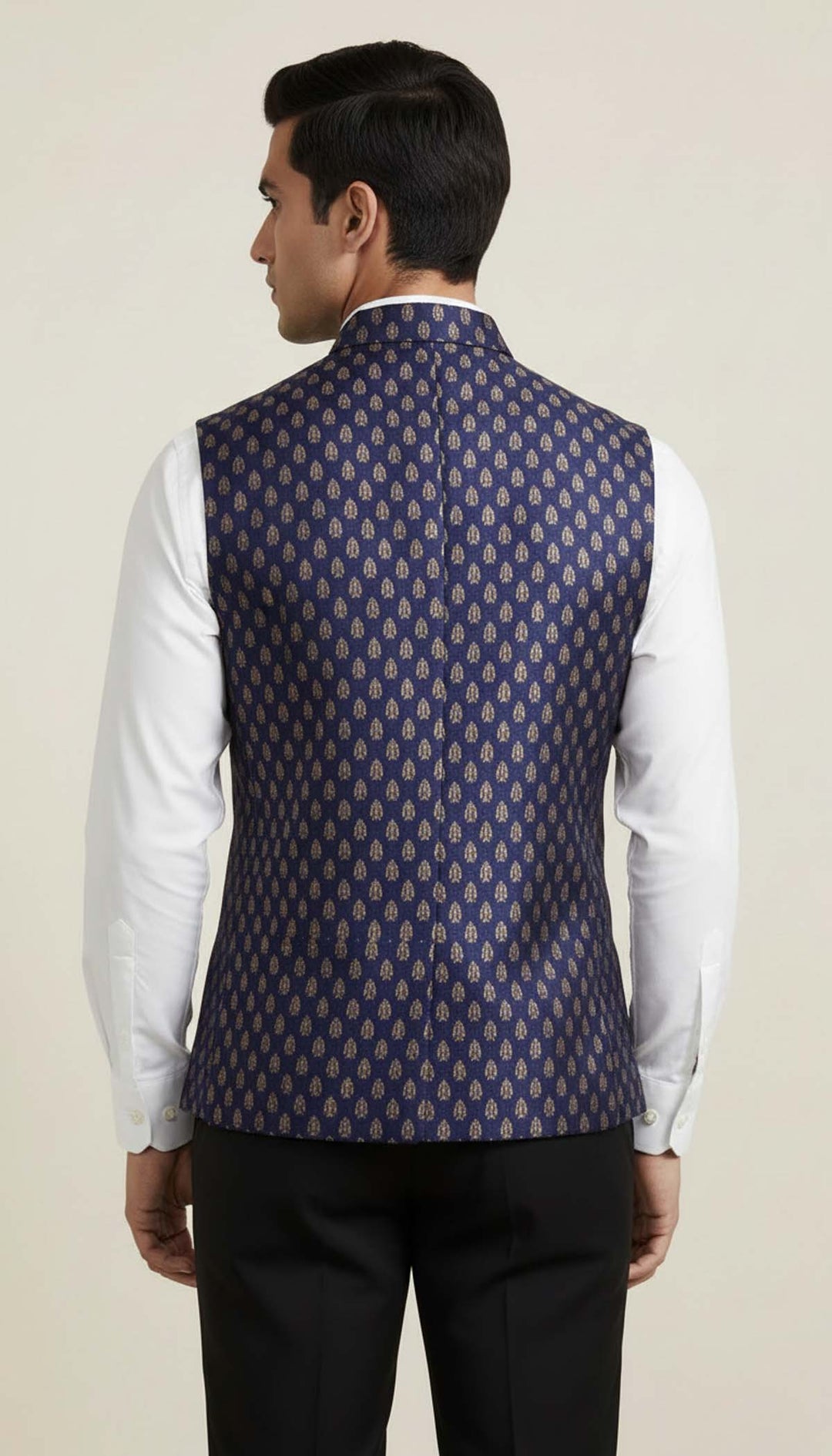 Navy Blue Brocade Silk Waistcoat.