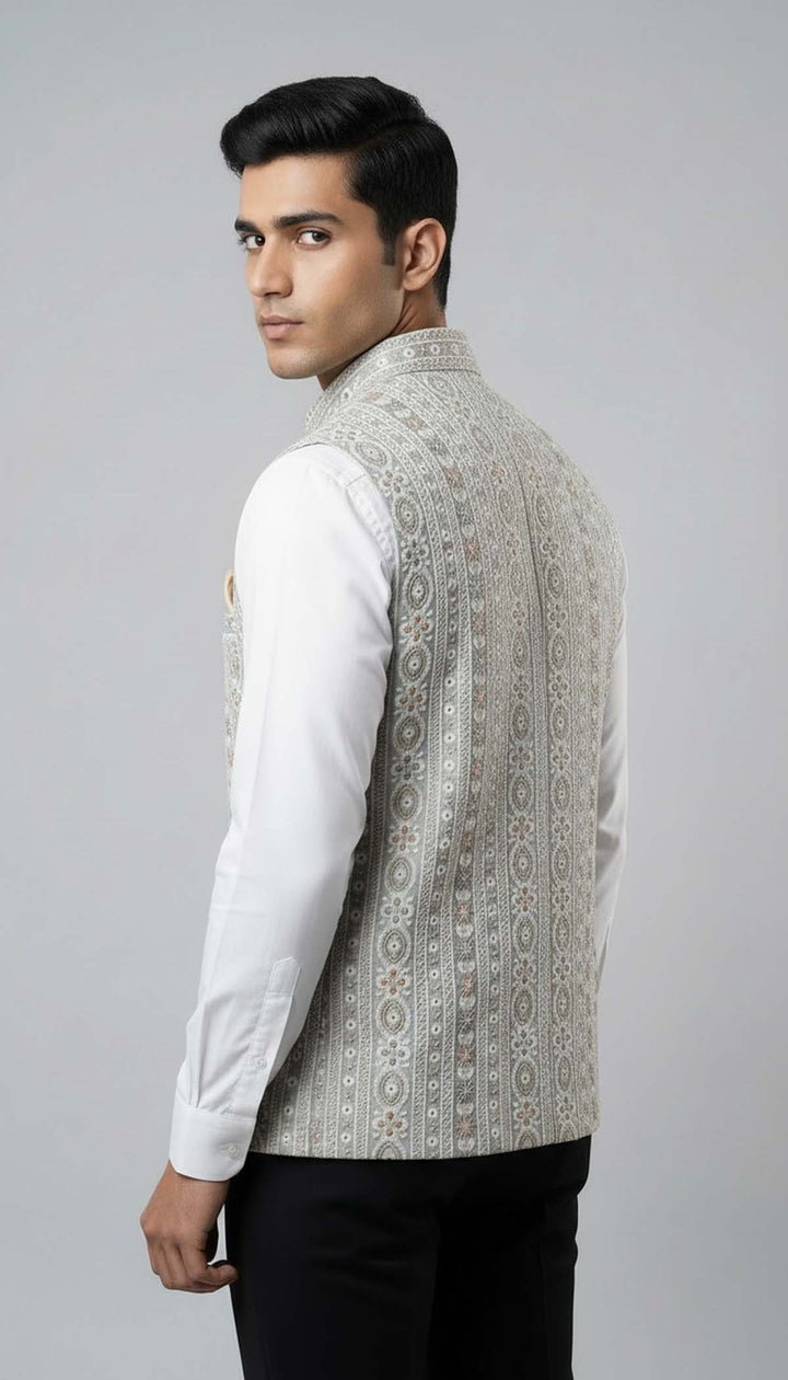 Light Grey Embroidered Lucknowi Silk Waistcoat.