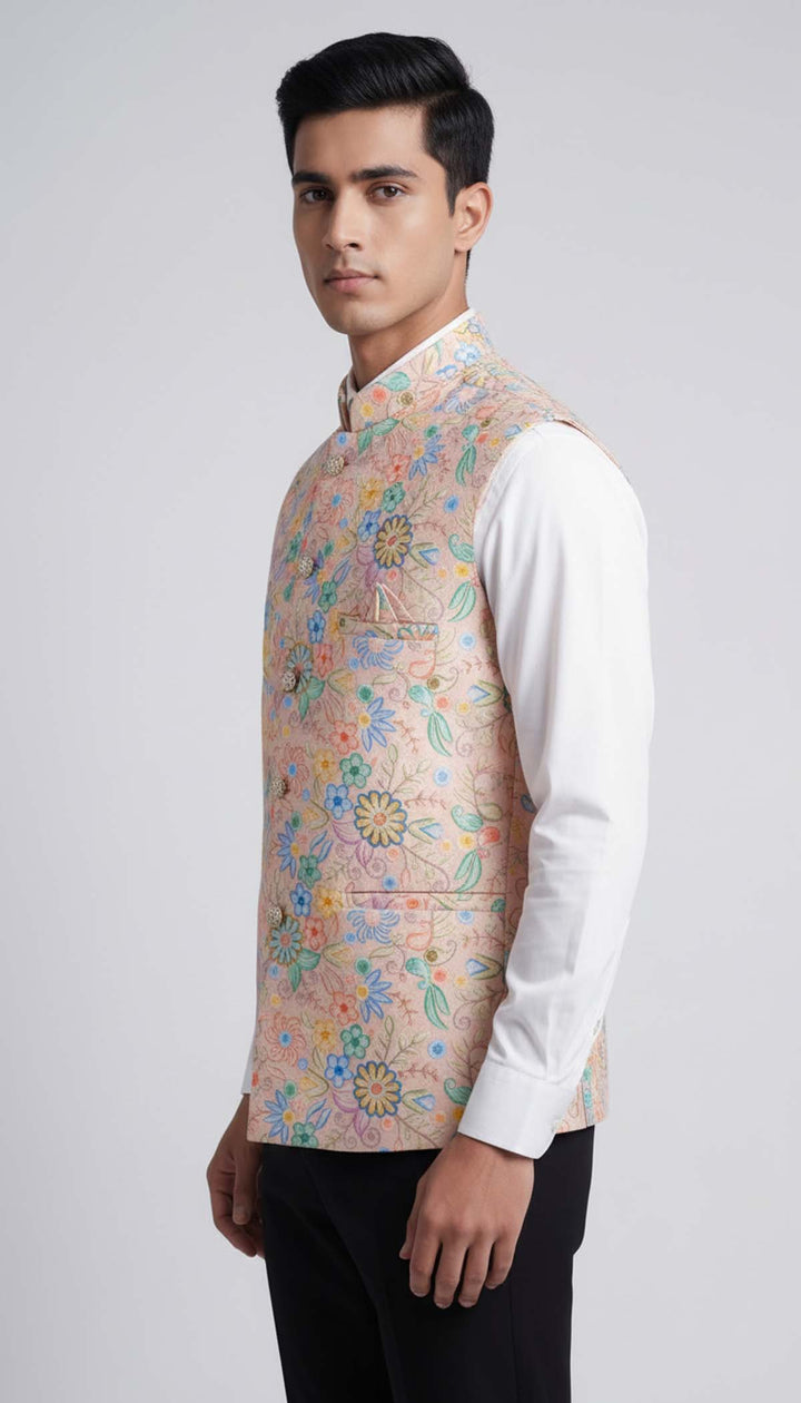 Light Pink Floral Print Embroidered Waistcoat.