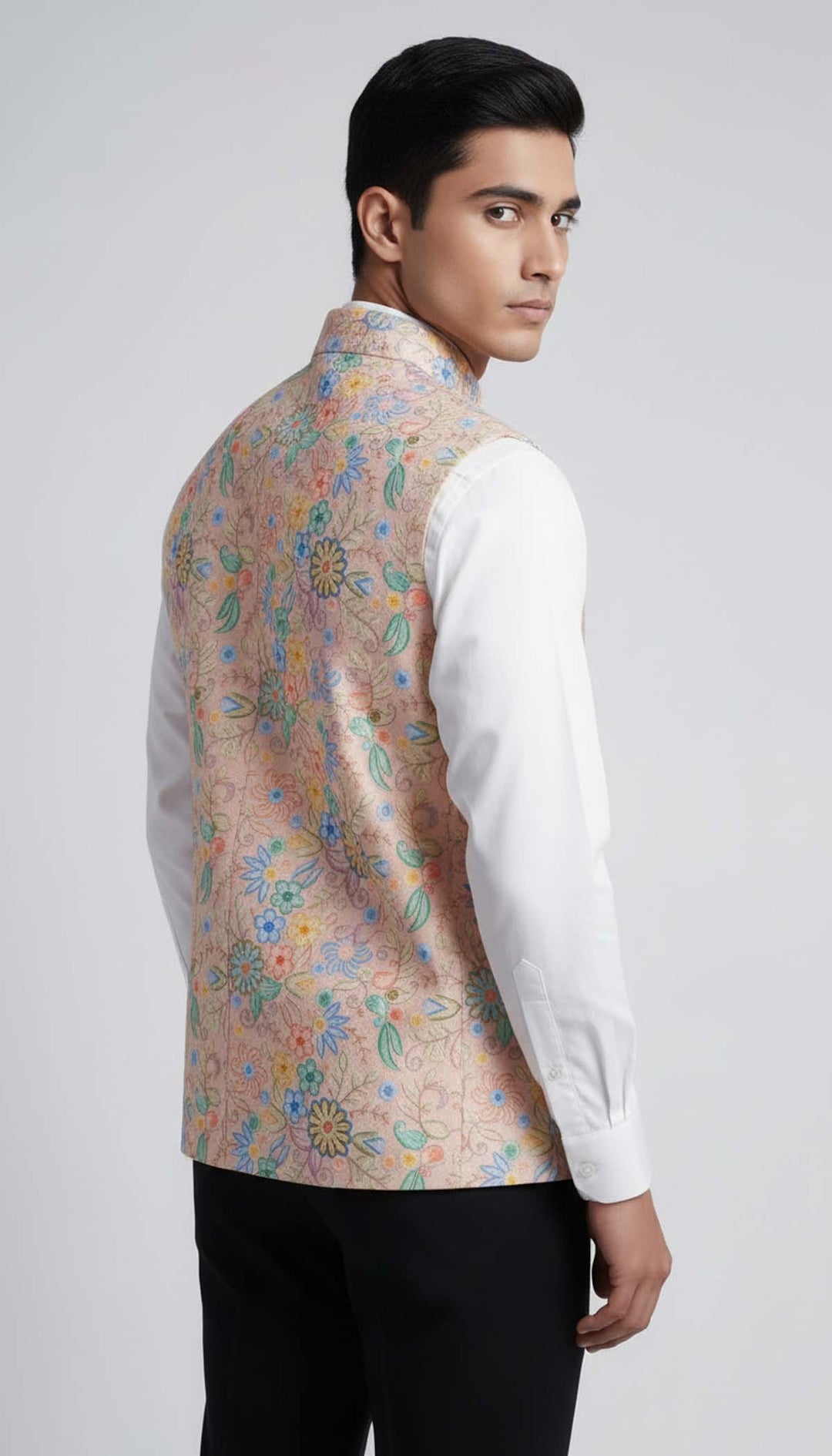 Light Pink Floral Print Embroidered Waistcoat.