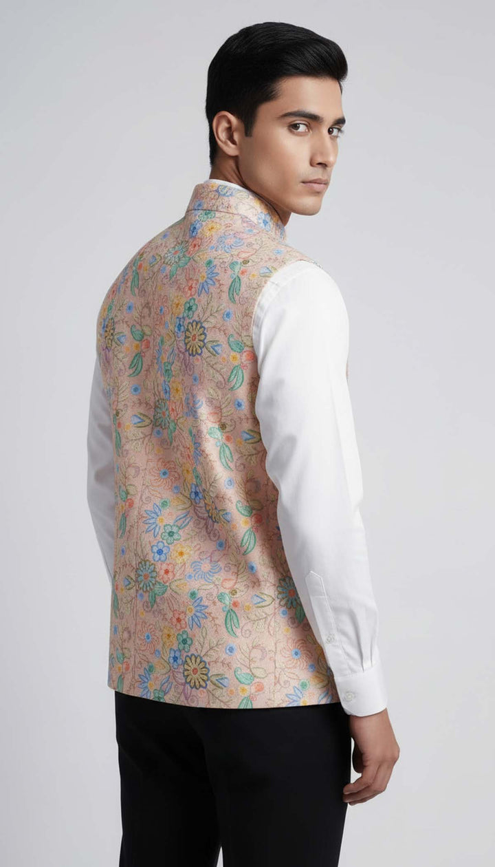Light Pink Floral Print Embroidered Waistcoat.