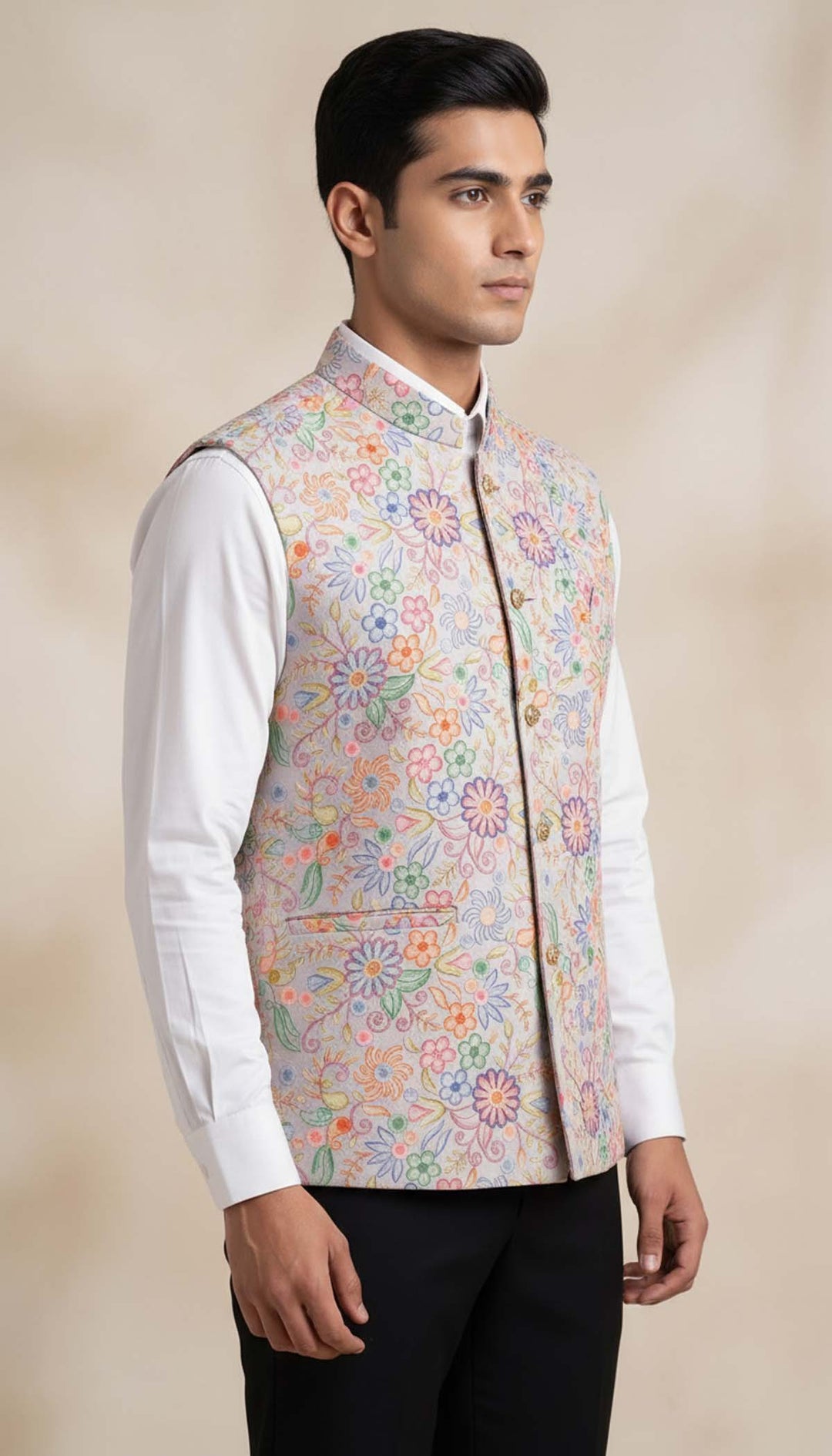 Lilac Floral Print Embroidered Waistcoat.