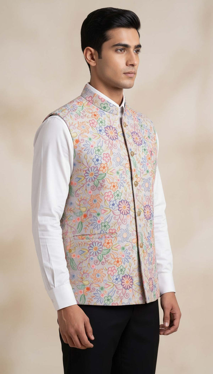 Lilac Floral Print Embroidered Waistcoat.