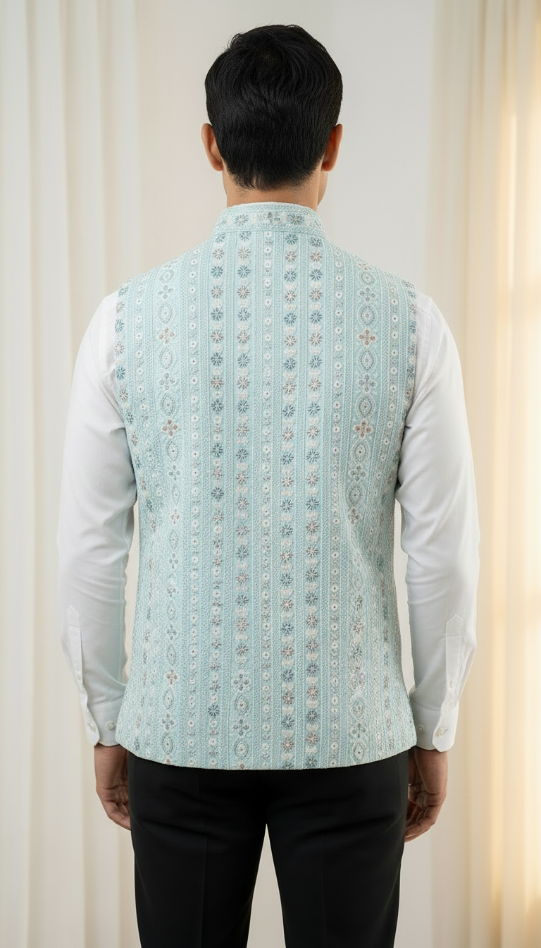 Light Blue Embroidered Lucknowi Silk Waistcoat.