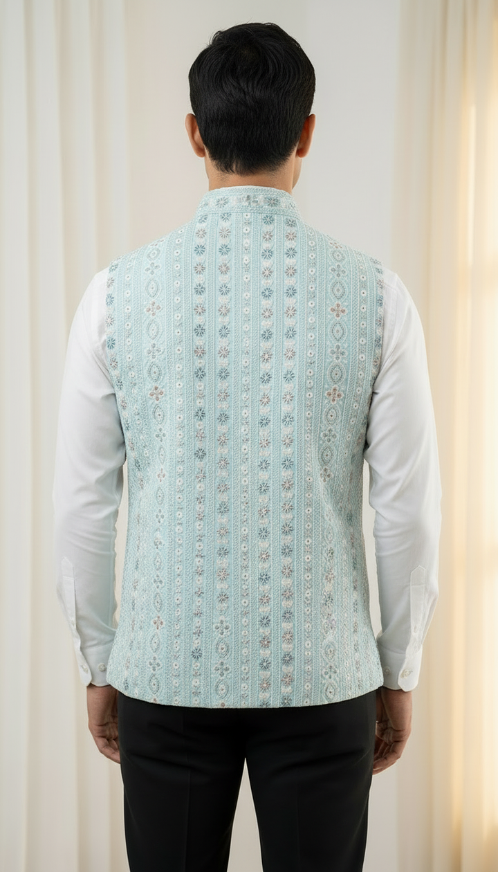 Light Blue Embroidered Lucknowi Silk Waistcoat.