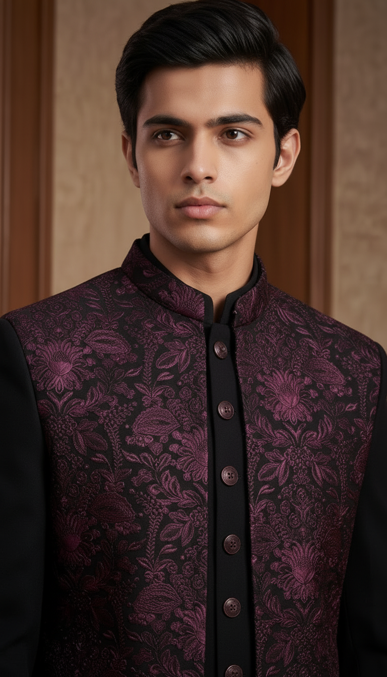 Black Wine Open Jacket Style Suit with Thread Work.
