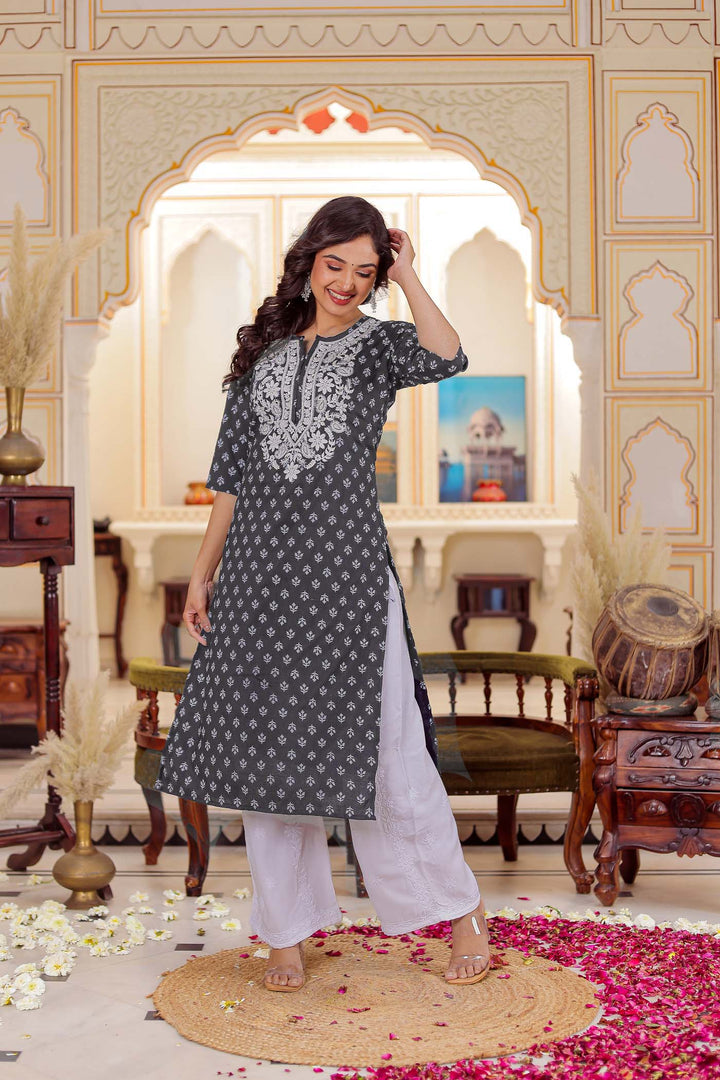 2 piece Grey Straight Cut Chikankari Kurta Set