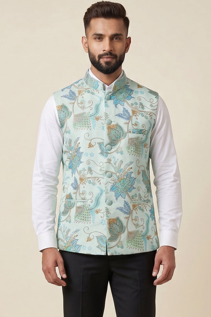 Light Blue Floral Print Embroidered Waistcoat.