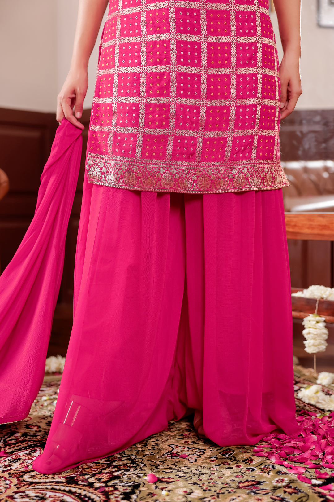 Rani Pink Georgette Bandhani Palazzo Suit