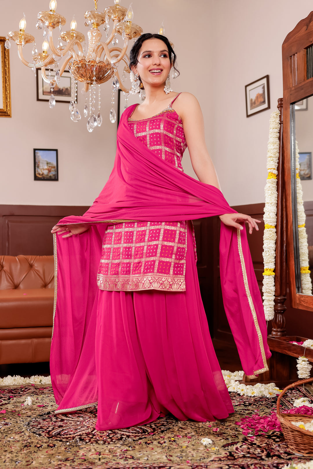 Rani Pink Georgette Bandhani Palazzo Suit